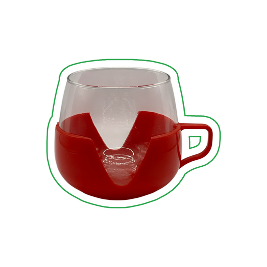 Vaso de vidrio con portavasos de plástico · Años 60–70