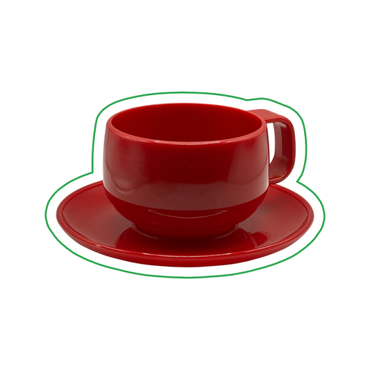 Taza con plato de melamina roja · Años 70